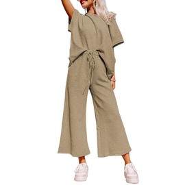 SHEWIN Women's Two 2 Piece Outfits Sweatsuit Lounge Sets for Women Short Sleeve Pullover Tops Casual Loose Pants Comfy Pajamas Tracksuit Set Fall Clothes for Women 2025 Khaki S