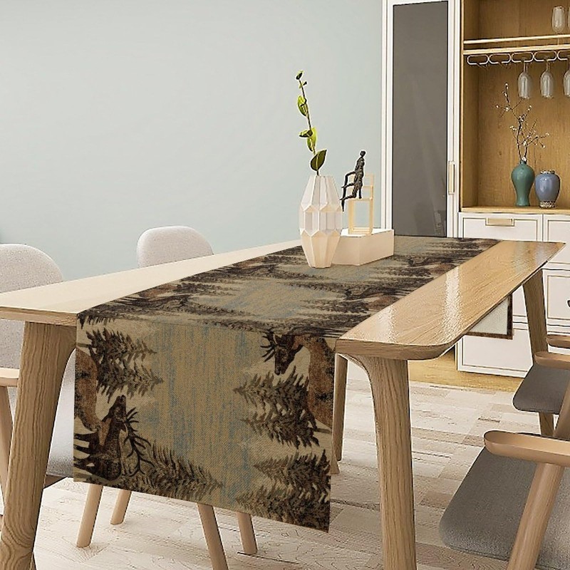 Retro Rustic Table Runner, Moose Deer Forest Tree Country Style