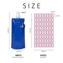 GVSAVY 8 Foldable Water Bags with 1 Sticker, 480ml Colorful Water Bags, Portable Sports Water Bags with Ring Water Belt, Suitable for Outdoor Sports, Cycling, Jogging, Traveling