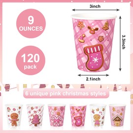 JarThenaAMCS 120Pcs Christmas Paper Cups 9 oz Gingerbread Man Disposable Drinking Cups Pink Brown Xmas Party Cups for Christmas Winter Party Decoration Supplies