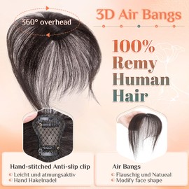 Benehair Clip-In Real Hair, 3D Air Fringe Real Hair, 20 g, Clip-In Bangs, Real Hair Front Fringe, Natural Bangs with Temple Face Shape, Change High Hairline, Natural Black #1B