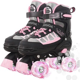 MammyGol Roller Skates for Kids Boys Girls, Adjustable Quad Skates with Light Up Wheels for Toddler Little Kids Ages 6-12 Size 9C 10C 11C 12C, Beginners Outdoor Sports, Pink