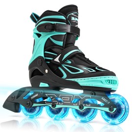2PM SPORTS Vinal Girls Adjustable Flashing Inline Skates, All Wheels Light Up, Fun Illuminating Skates for Kids Women and Men - Mint Large