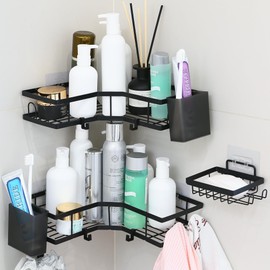 Sea Team Adhesive Corner Shower Caddy with Soap Holder and 14 Hooks, Rustproof Carbon Steel Bathroom Organizer, Wall Mounted Shelf with Toothpaste Holder, Storage Rack, Black, Set of 3