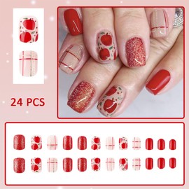 Red Christmas Press on Nails Medium Almond Fake Nails Glitter Christmas Tree Designs False Nails Christmas Snowball Full Cover Glossy Stick on Nails for Women Girls Winter Nails Decoration 24Pcs