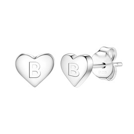 Delicate S925 Silver Heart Pendant Earrings Gift 26 Letter Initial A-Z Stud Erarrings For Women Girls Mum Daughter Sisters Friends Lover Birthday Christmas Party Silver Jewellery (B)