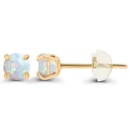 Genuine 14K Solid Yellow Gold 3mm Round Created Opal October Birthstone Stud Earrings For Women