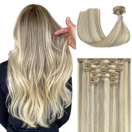 WindTouch Clip in Hair Extensions Human Hair, Blonde Hair Extensions 70g 15 Inch 7pcs Ash Blonde Mixed Bleach Blonde, Remy Human Hair Clip in Extensions for Women, Soft Natural Straight 18/613