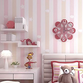 Q QIHANG Children's Room Non-Woven Wallpaper Blue Pink Vertical Stripes Boy Girl Room Cartoon Stars Clouds Children Playground 20.87" Wx393.7 L Non-Pasted (Pink)