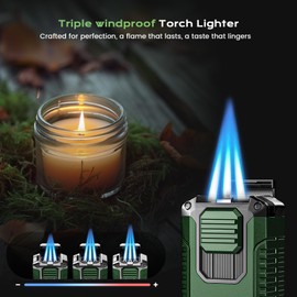 5-in-1 Multifunctional Torch Lighter with Cutter, Punch, Holder, and Windproof Triple Jet Flames, Refillable Butane Lighter for Travel, Outdoors, Accessories Gift for Men (Butane Not Included)