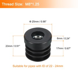 Sourcing Map 6Pcs Inserts for Round Tubes With M8 Thread, 25mm/0.98" OD, Black Thicken Plastic Plug Caster Insert Chair End Caps Furniture Leg Plug