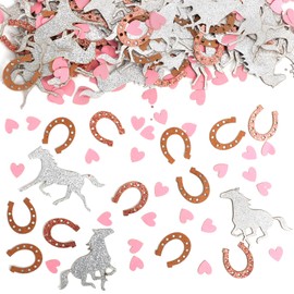 200 Pcs Horse Confetti, Horse Party Supplies Set With Silver Horse Confetti Pink Confetti Paper And Horseshoe Confetti, Western Party Supplies Horseshoe Decor For Birthday Celebration