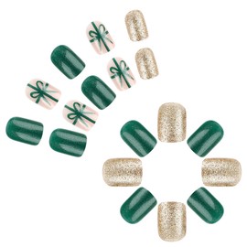 Christmas Press on Nails Square Short Fake Nails with Bow Designs Green Nails Press ons Glossy Glue on Nails Gloden Glitter Flase Nails Acrylic Stick on Nails for Women 24Pcs