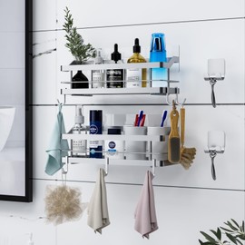 Carwiner Shower Caddy Bathroom Shelf 2-Pack, Basket with 8 Hooks for Hanging Shampoo Conditioner, SUS304 Stainless Steel Rack Wall Mounted Storage Organizer for Kitchen, No Drilling