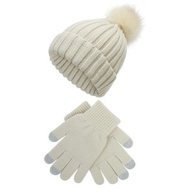 Muryobao 2 Pcs Womens Winter Knitted Beanie Hat Touch Screen Gloves Set Warm Knit Cuffed Skull Cap with Faux Fur Pom Beige