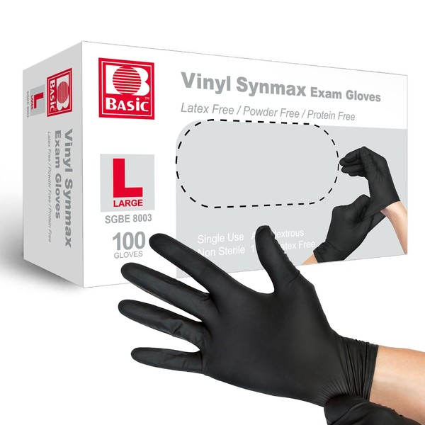 Basic Vinyl Exam Gloves, 4 mil Safty Glove Latex-Free & Powder-Free, SGBE 8003 Synmax Disposable Medical Glove Large (Box of 100, Black)