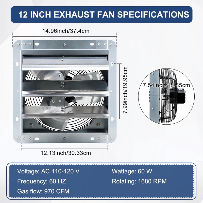 Criditpid 12 Inch Wall Mounted Shutter Exhaust Fan with ON/OFF