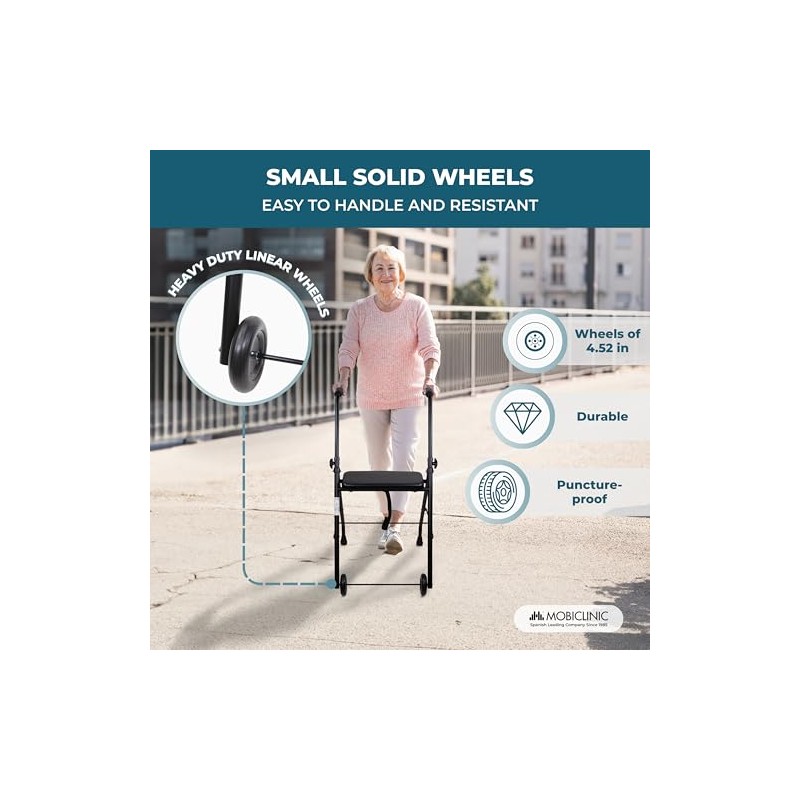 Mobiclinic®, Folding Walker, Adjustable, Ergonomic Grips, Non-Slip Ferrules, with Seat
