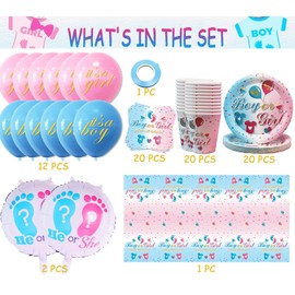 Baby Shower Decoration Set, 76 Pieces Blue and Pink Party Tableware, Gender Revel Party Tableware Set, Baby Shower Gender, Balloons, Tablecloths, Plates, Cups, Napkins for Baby Shower