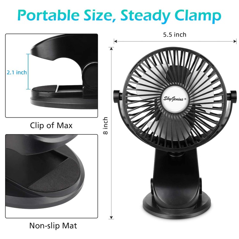 SkyGenius Battery Operated Stroller Fan, Rechargeable USB Powered Mini Clip
