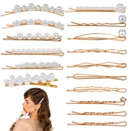 QFGasre 16 Pcs Pearl Hair Clips, Vintage Pearl Hair Bobby Pins Metallic Flower Barrettes CombinationHair Clips Elegant FrenchHair Barrettes Metal DecorativeHair Accessories for Women Girls Gift