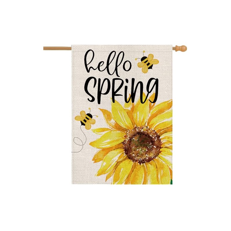 Spring House Flag Sunflower Bee Hello Spring Vertical Double Sided