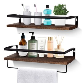 AGM Floating Shelves, Bathroom Floating Shelf Set of 2, Carbonized Black Wall Storage Shelf with Towel Bar, Wall Mounted Shelves for Plants, Book, Bathroom, Bedroom, Kitchen, Living Room Decoration