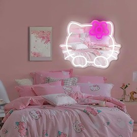 Anime Hello Kit Mirror Neon sign Dimmable Led Neon Mirror Sign for Dresser indoor Room Decor Cat Wall Mirror Neon Light Up Mirror Bedroom Wall Gifts