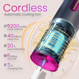 Automatic Rotating Curling Iron, Cordless Beach Waves Curling Iron, Auto Hair Curler Wand for Long Hair, Ceramic Travel Curling Wand Iron Rechargeable, 500 Million Ionic, Auto Shut-Off & Anti-Tangle