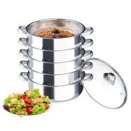 5 Tier Stainless Steel Steamer, Non-Stick Cooking Steam Pot Kitchen Steamer Cooker Dumpling Steamer Cooker Steamer with Transparent Lid Food Veg Pot Cookware for All Stoves, Kitchen Restaurant (Silver, 30cm)