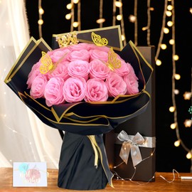 Dremisland Glitter Roses Bouquet 26 Pack DIY Glitter Flowers with Crown Butterfly Shiny Artificial Pink Rose Birthday Gifts for Women, Mothers Day Flowers Anniversary Valentines Day Wedding Gifts