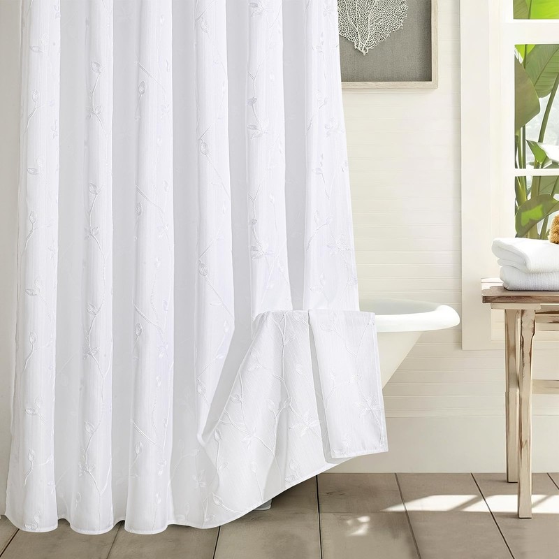 Embroidered Leaf Farmhouse Shower Curtain,Faux Linen,72Wx84L,White