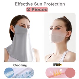 YUANST 2Pcs UV Face Mask, Cooling Neck Gaiter + Sun Masks for Women, Balaclava Face Cover, Washable Reusable (Gray+Pink)