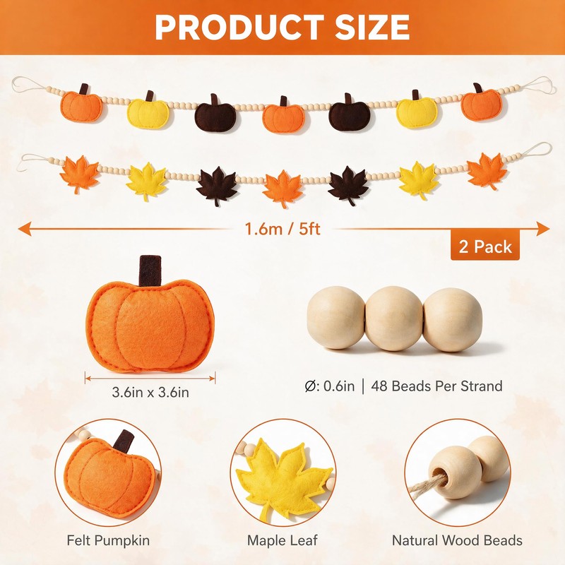 2 Pack Fall Wood Bead Garland Felt Pumpkin Maple Leaf