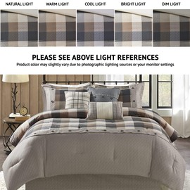 Madison Park Ridge Comforter Set-Cabin Lodge Plaid Herringbone Design All Season Down Alternative Cozy Bedding with Matching Bedskirt, Shams, Decorative Pillow, King(104"x92"), Neutral 7 Piece