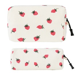 Jiliyote Cosmetic Bag Corduroy Small Toiletry Bag Women's Small Cosmetic Bag with Smile Cord Cosmetic Bag Women's Cord Cosmetic Bag Travel Cosmetic Bag for Travel Girls Women, Strawberry Beige