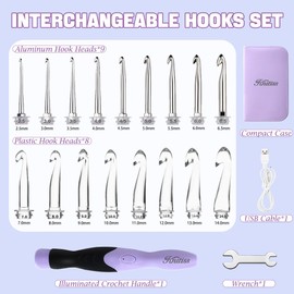 Knitiss 17 Sizes Lighted Crochet Hooks Set 2.5mm~14.0mm,Light Up Crochet Hooks with Interchangeable Metal Heads