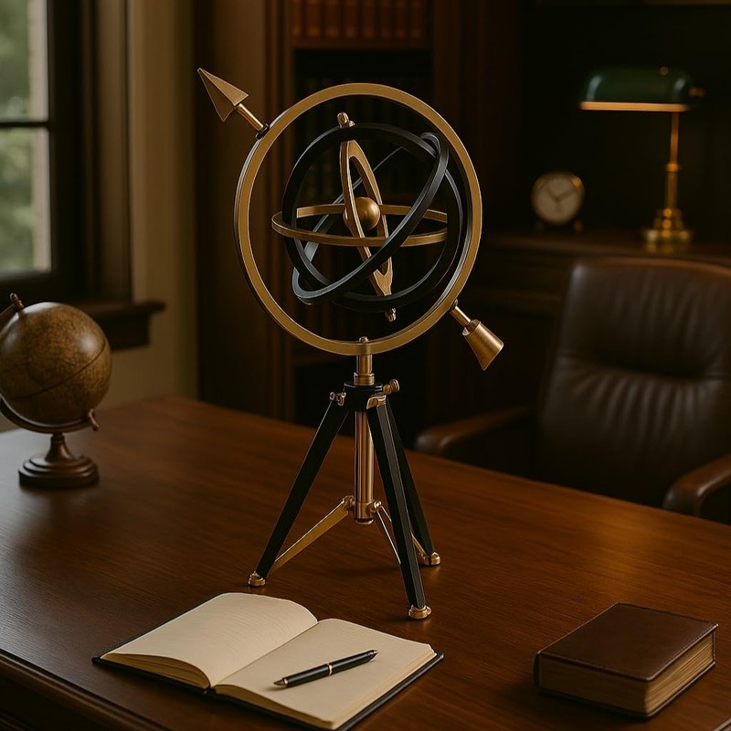 Metal Armillary Sphere Globe with Tripod Stand, 17" Black and