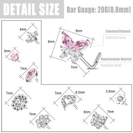 ZS 9-12PCS 20G Nose Rings Stud L Shape Nose Piercings, Evil Eye Butterfly Nose Studs Nostril Rings Set, Stainless Steel Flower L Nose Jewelry for Women (C)
