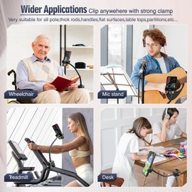 Clip Phone Holder for Desk,Pole,Pipe,Boom,Flat Surface with Adjustable Aluminium Arm Phone Clamp Mount for Mic Stand,Treadmill Compatible with All 4-7” Cell Phone (Long-Gooseneck Arm Phone Holder)