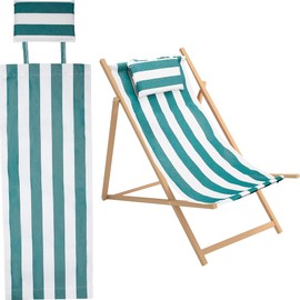 GORGECRAFT Cotton Beach Chair Replacement Canvas Green/White Striped Pattern Chair Oxford Fabric Lounge Chair Fabric Recliner Replacement with Cushion for the Garden Courtyard