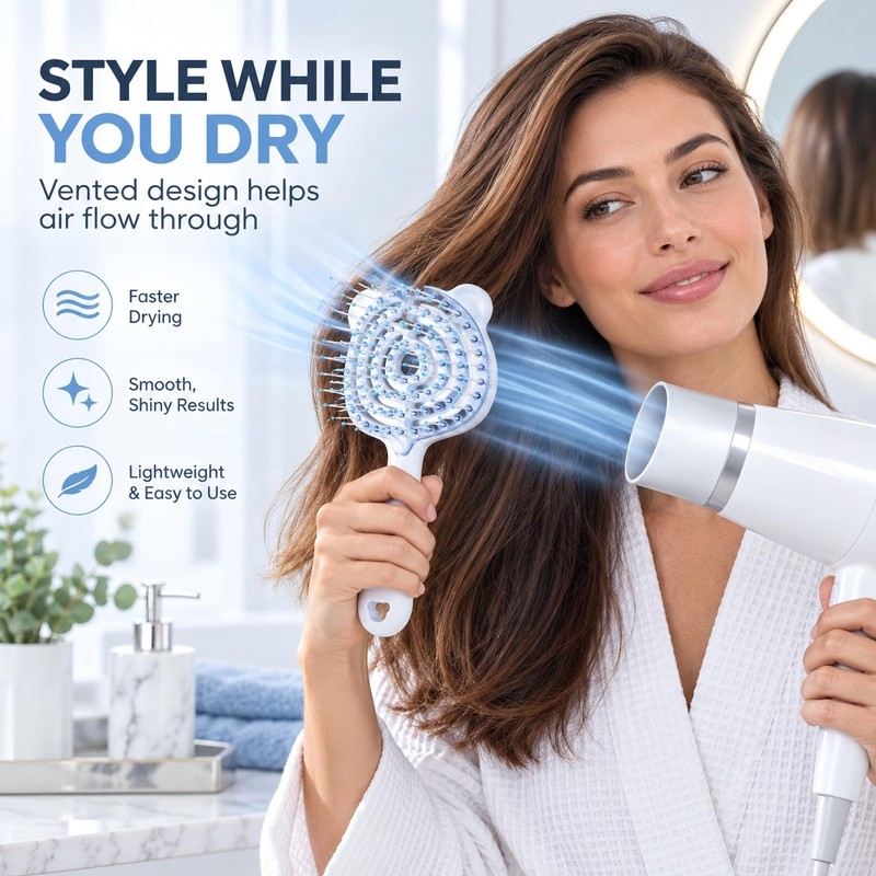 Bear-Shaped Self Cleaning Hair Brush, Curved Vented Design, Blue