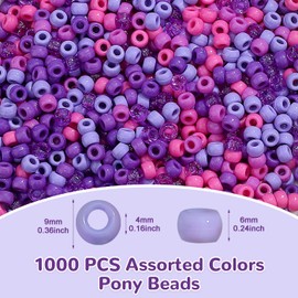 GUJOXILA Pack of 1000 Purple Pony Beads with for Threading Large Hole 6 x 9 mm Kandi Beads Craft Beads Purple Pony Beads Set for Bracelets Necklaces Key Chain Jewellery Making