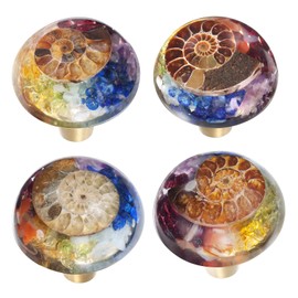 SUNYIK 4PCS 7 Chakra Ammonite Fossil Drawer Knobs with Screws, Round Crystal Stone Pull Handles for Cupboards Dressers Doors Wardrobes Furniture Home Decor