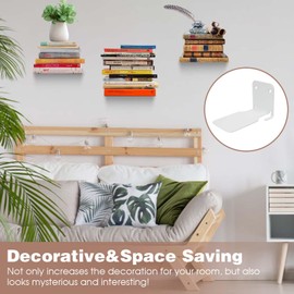 JYUHA 4 PCS Invisible Floating Bookshelves, Wall Mounted Floating Book Shelves Metal Heavy Duty Wall Bookshelf Invisible White Floating Bookshelf for Home Office Living