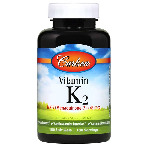 Carlson - Vitamin K2 MK-7 (Menaquinone), 45 mcg, Bone Support, Calcium Bioavailability, K2 Vitamin, Vitamin K-2, 90 Softgels