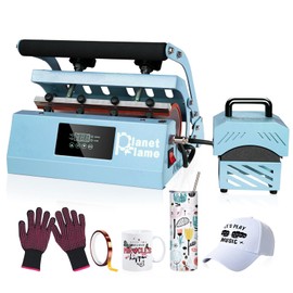 PlanetFlame Tumbler and Hat Heat Press Machine, 2-in-1 Combo Machine for Cup and Cap with Gloves and High Temp Heat Resistant Tape for 11oz-30oz Sublimation Tumbler and All Caps, Blue