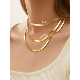 FOCALOOK Gold Necklace Chain for Women 15inch 5mm Flat Snake Chain 18K Gold Plated Stainless Steel Herringbone Necklace
