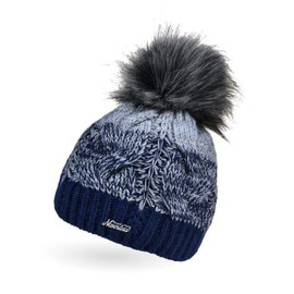 Neverless® Women's Knitted Hat, Lined Fleece Lining, Fur Pom Pom, Faux Fur Winter Hat, Bobble Hat, Cable Knit, Multicoloured - 12147 navy/light grey