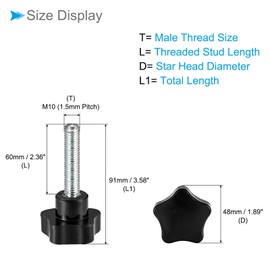 CoCud 4pcs M10 x 60mm Male Thread 48mm Head Plastic Thumb Screw Grip Hand Knob Screw Bolt Black for Lathe Machine